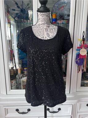 Calvin Klein Black Sequin Short-Sleeve Scoop Neck Tee M